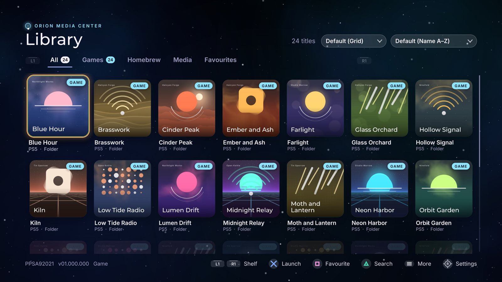ORION's library in Grid view: covers in rows under the tab bar