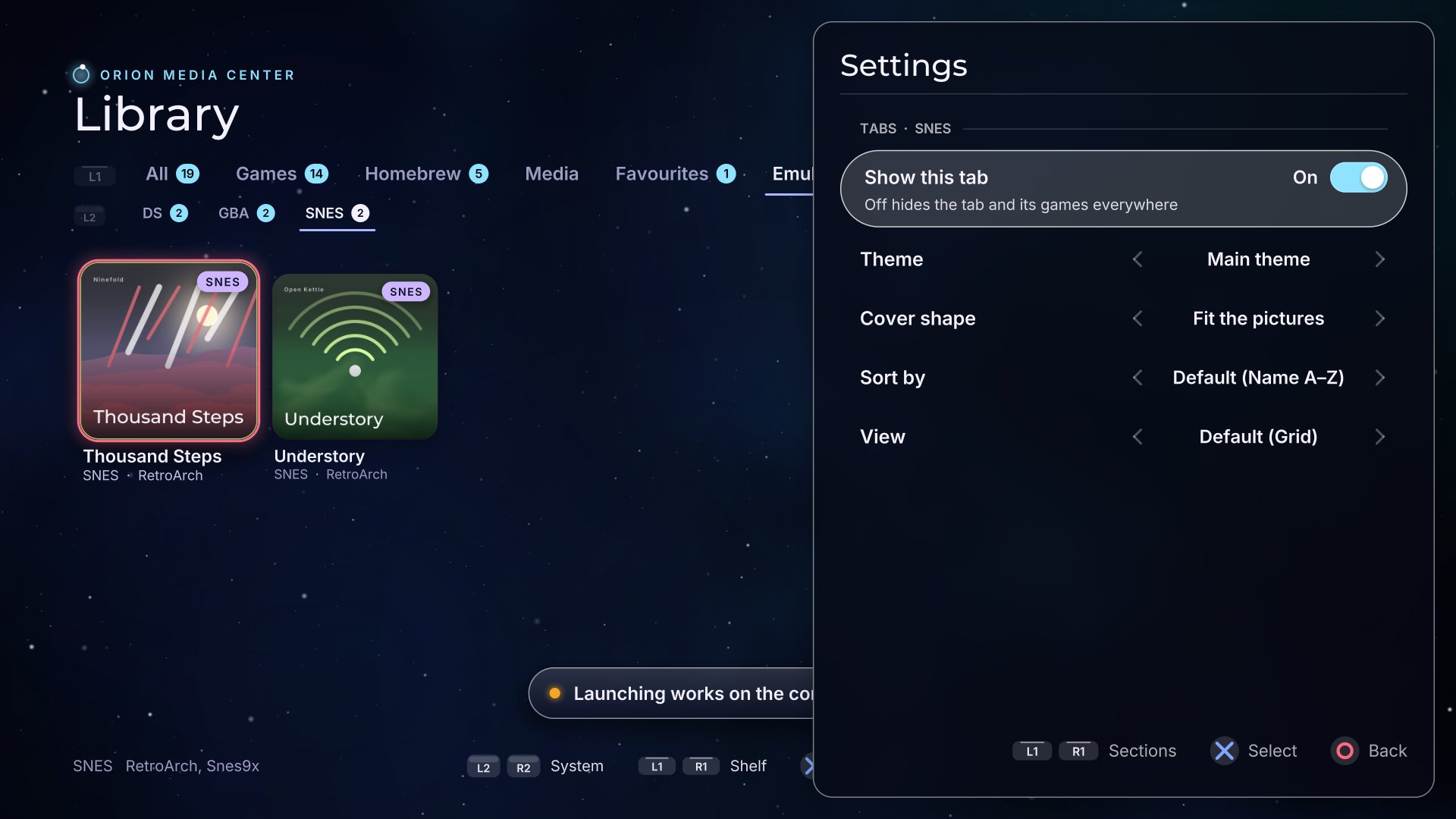 The SNES tab's page in Settings, with the SNES tab showing in the library behind it